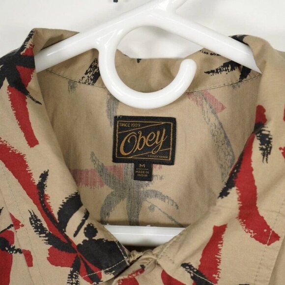 Obey Men's M Brown Floral Palm Tree Gulf Woven Short Sleeve Button Down - Picture 3 of 4